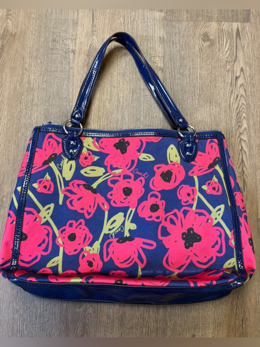Coach Poppy Navy Floral Tote Bag with Pink Accents - Picture 2 of 5